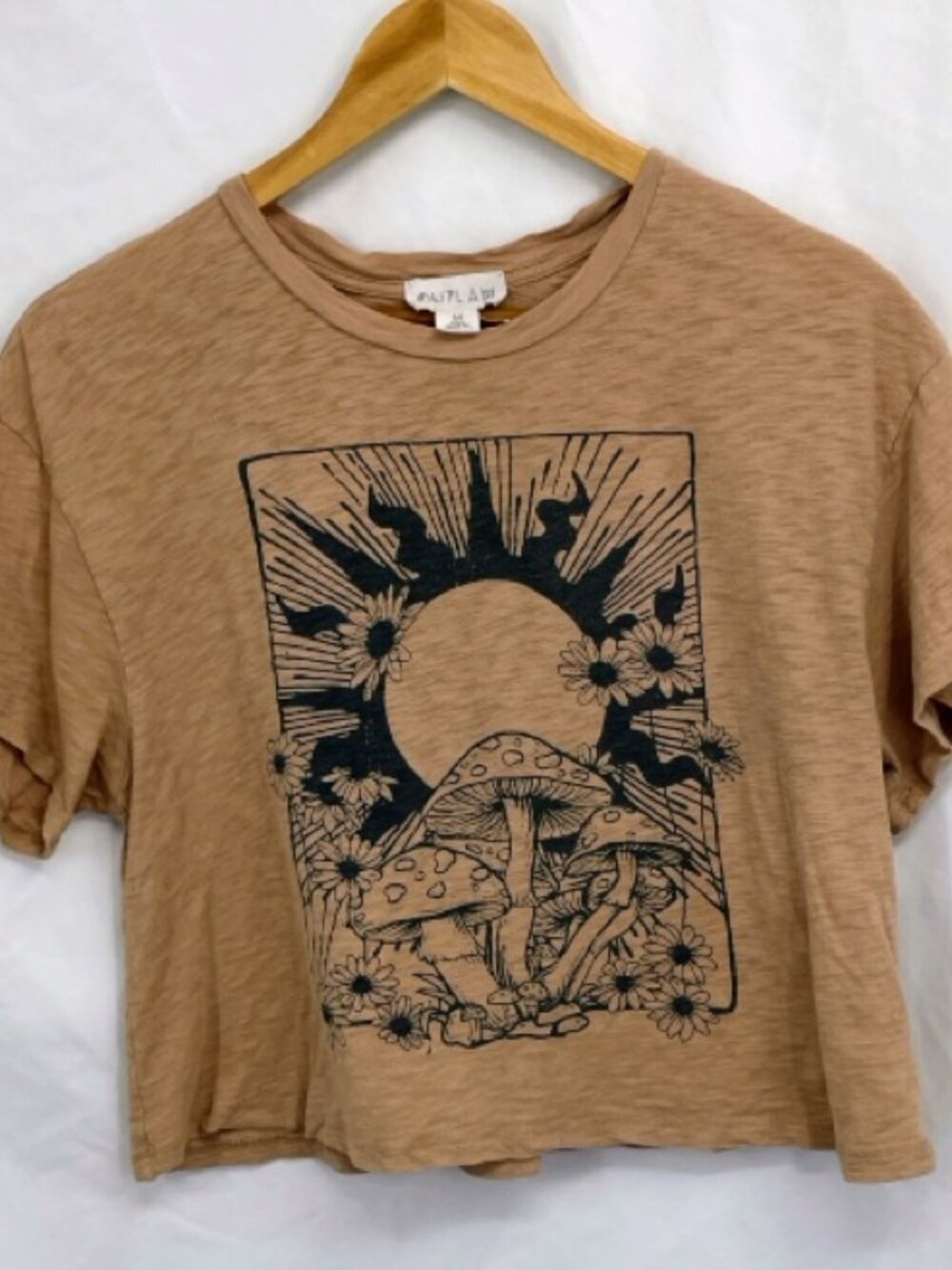 Outlaw Brand Tan Short Sleeve Crop Top with Boho Style Mushroom Design